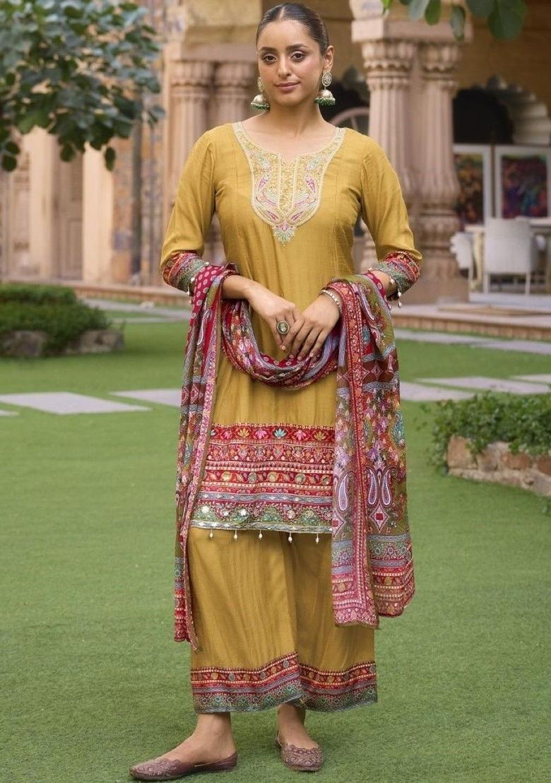Mustard Printed Cotton Kurta Sets - Indya