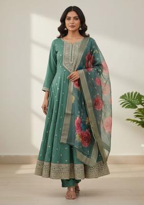 Teal Embroidered Viscose Anarkli Sets