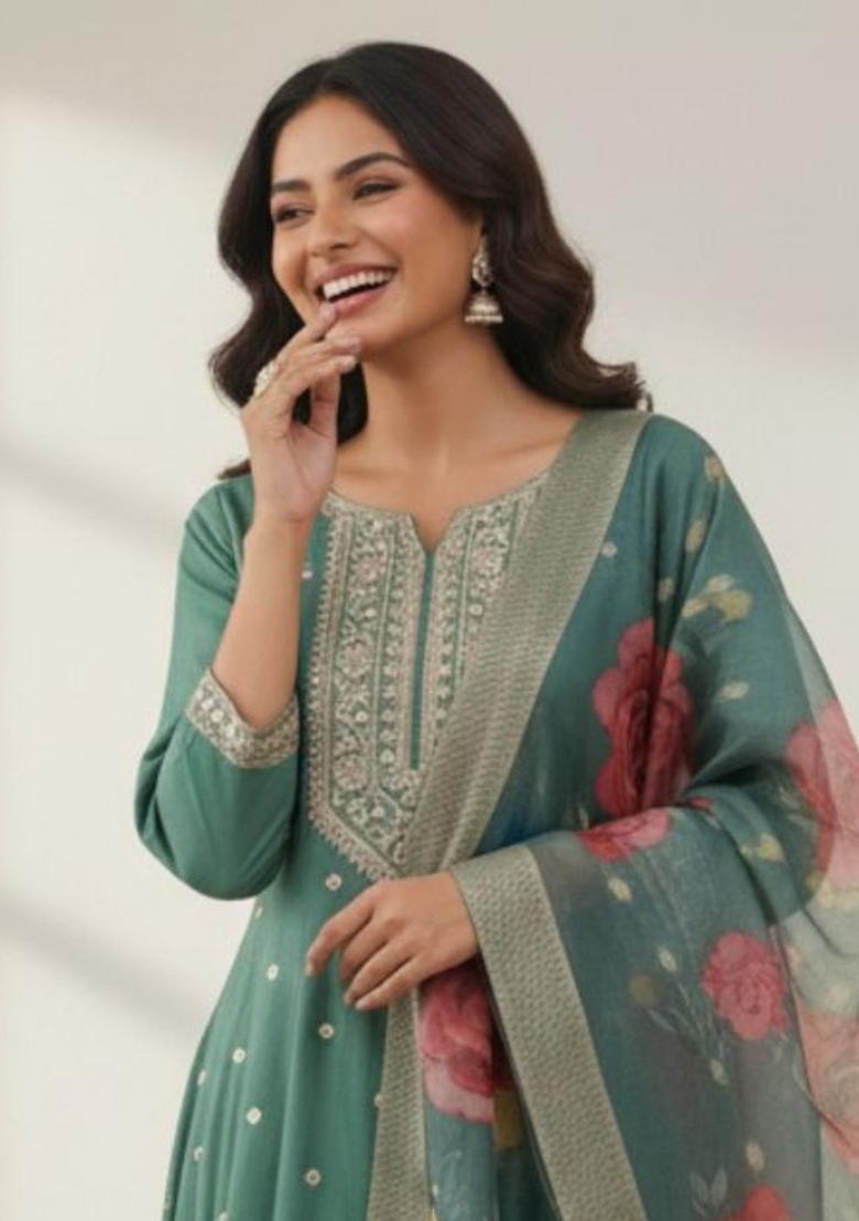 Teal Embroidered Viscose Anarkli Sets - Indya