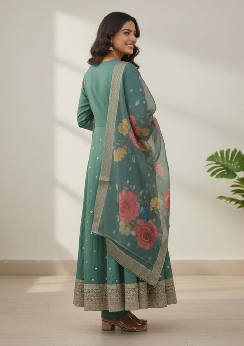 Teal Embroidered Viscose Anarkli Sets - Indya