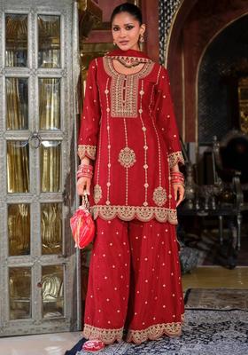Red Embroidered Chinon Kurta Sets