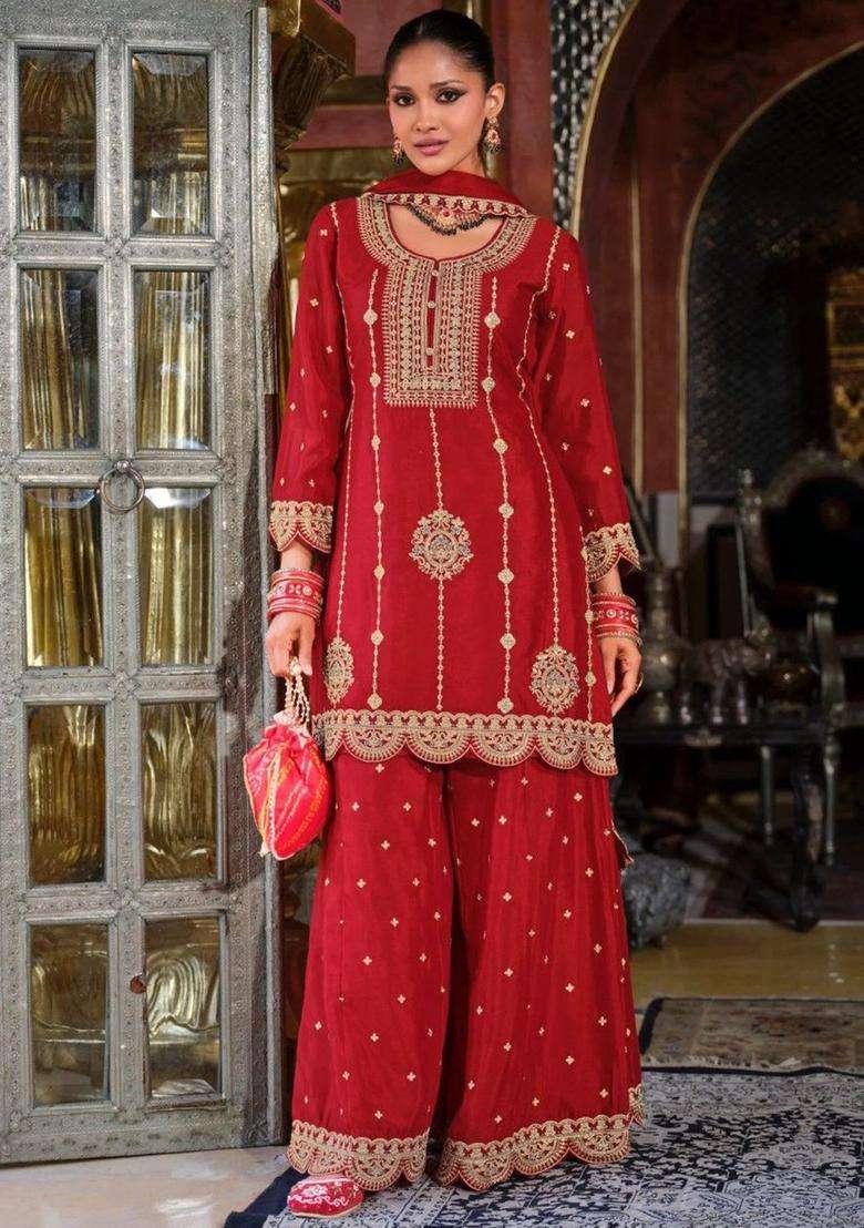 Red Embroidered Chinon Kurta Sets - Indya