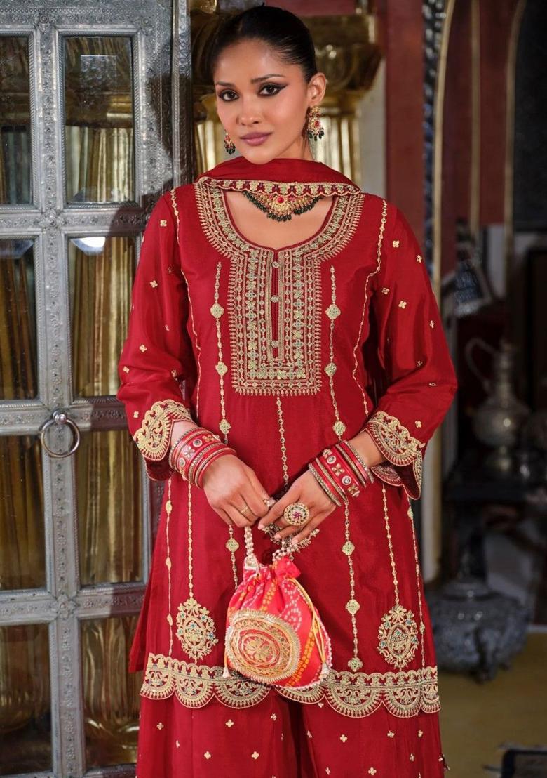 Red Embroidered Chinon Kurta Sets - Indya