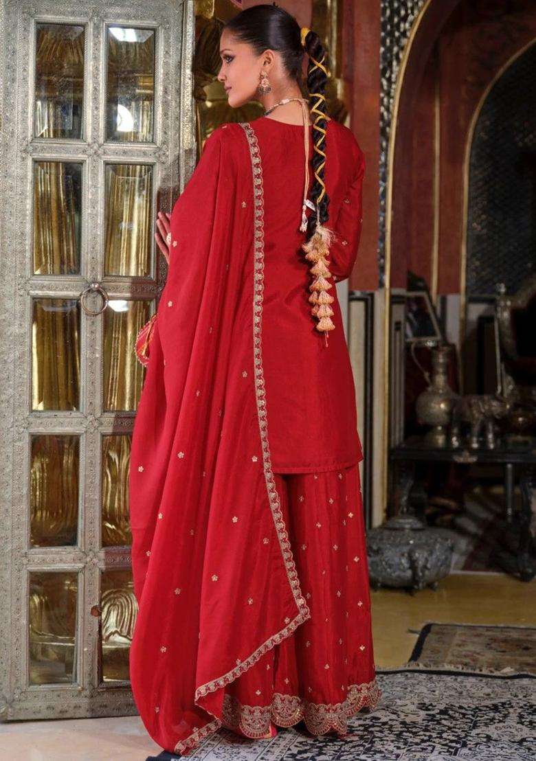 Red Embroidered Chinon Kurta Sets - Indya