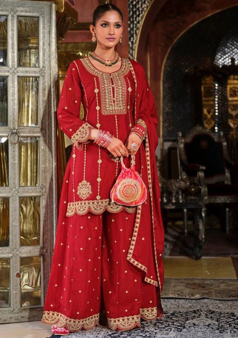 Red Embroidered Chinon Kurta Sets - Indya