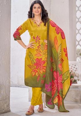 Yellow Printed Organza Kurta Sets
