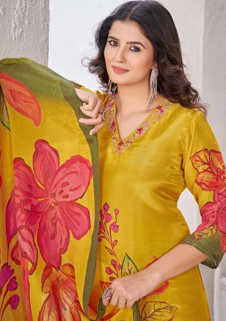 Yellow Printed Organza Kurta Sets - Indya