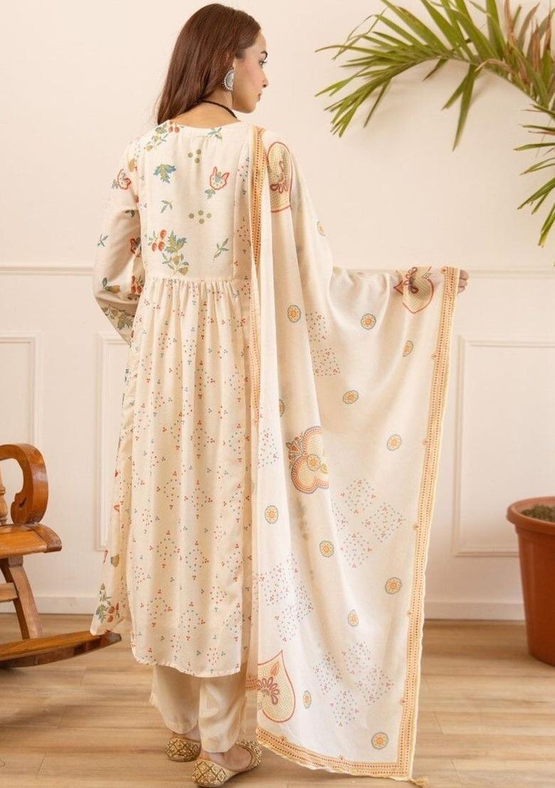 Cream Printed Cotton Anarkli Sets - Indya