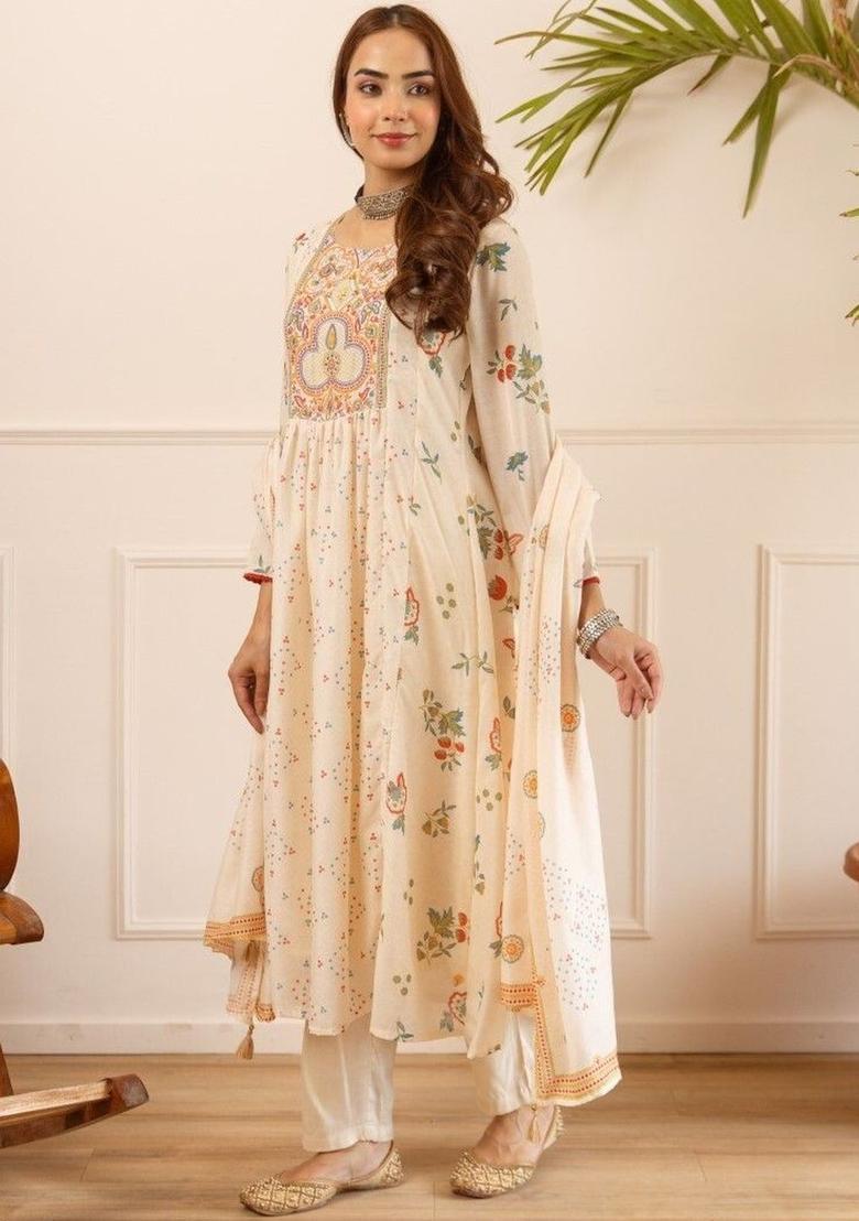 Cream Printed Cotton Anarkli Sets - Indya