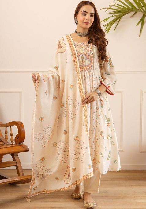 Cream Printed Cotton Anarkli Sets