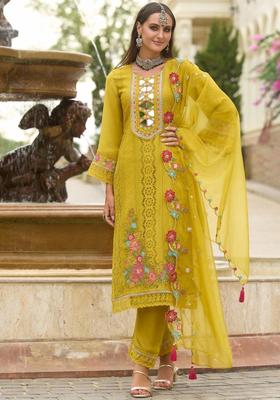 Mustard Embroidered Cotton Kurta Sets