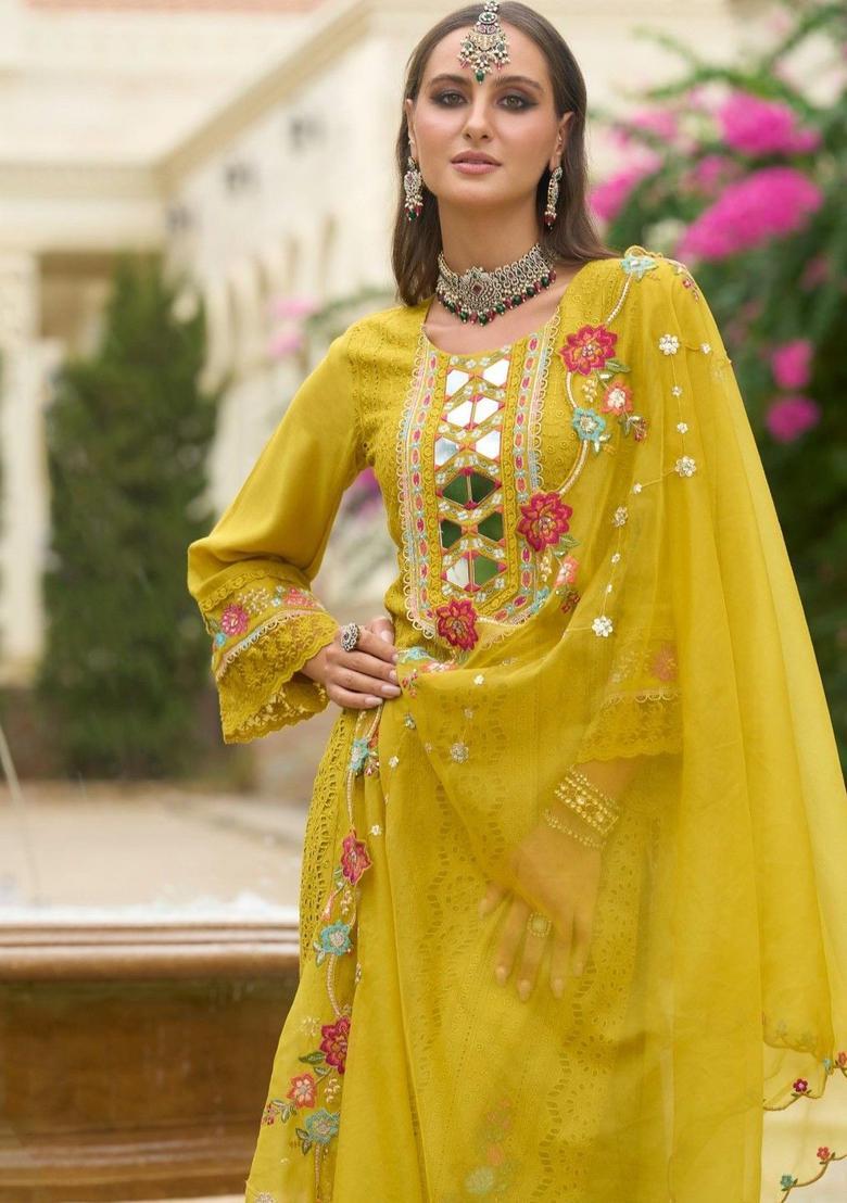 Mustard Embroidered Cotton Kurta Sets - Indya
