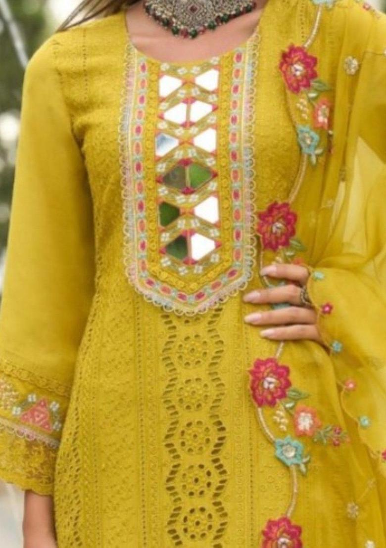 Mustard Embroidered Cotton Kurta Sets - Indya