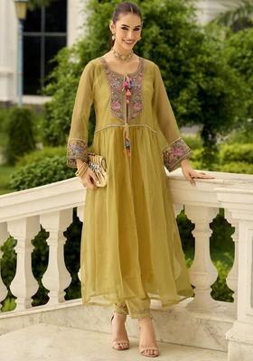 Green Embroidered Nylon Anarkli Sets