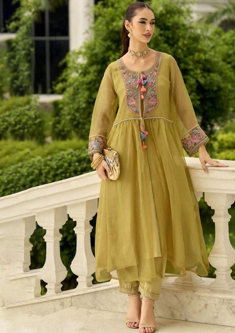 Green Embroidered Nylon Anarkli Sets - Indya