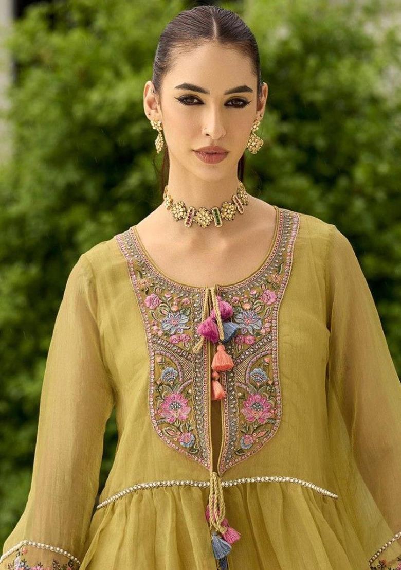 Green Embroidered Nylon Anarkli Sets - Indya