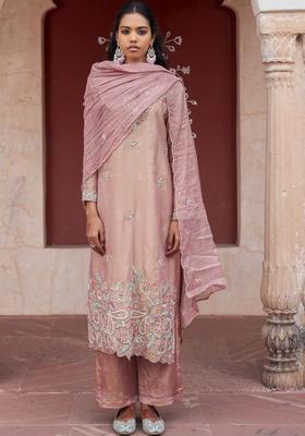Peach Embroidered Tissue Kurta Sets