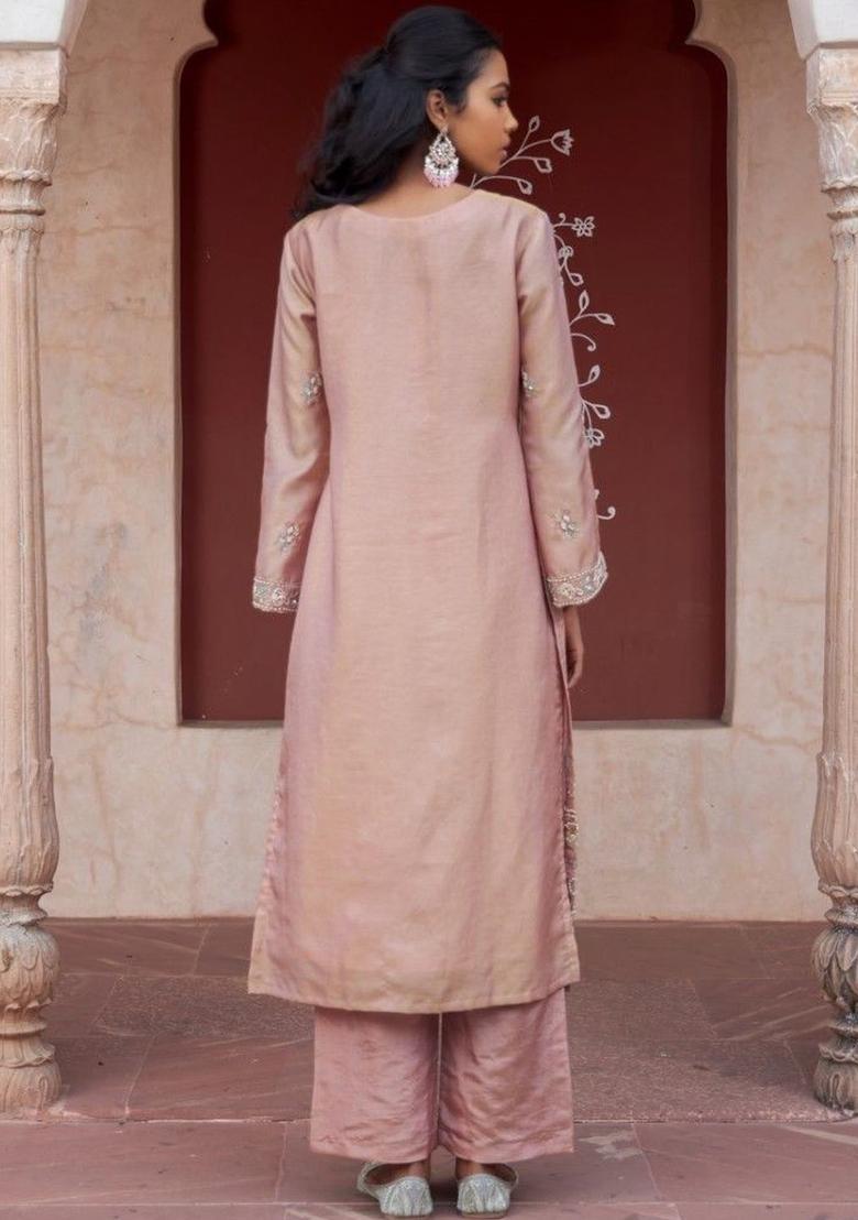 Peach Embroidered Tissue Kurta Sets - Indya