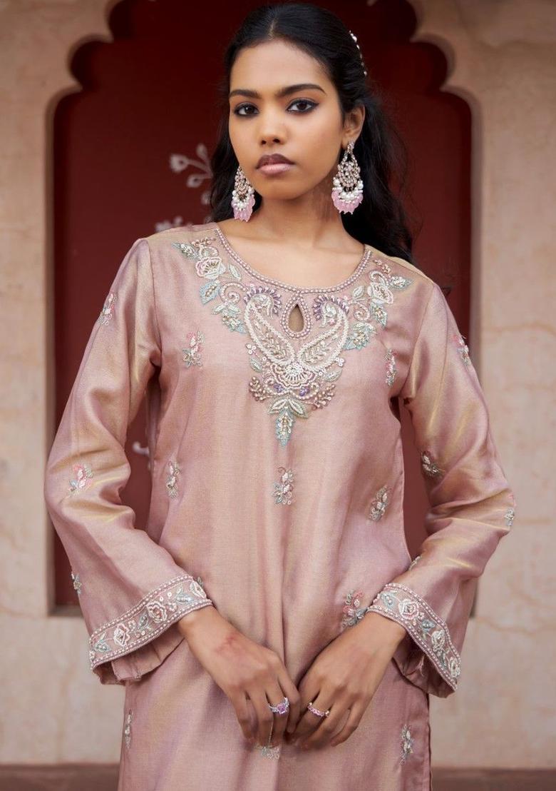 Peach Embroidered Tissue Kurta Sets - Indya
