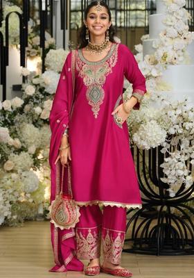 Magenta Embroidered Chinon Kurta Sets