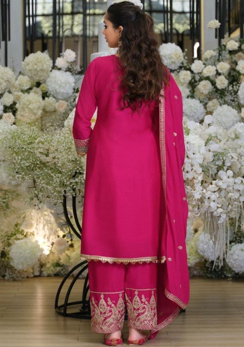 Magenta Embroidered Chinon Kurta Sets - Indya
