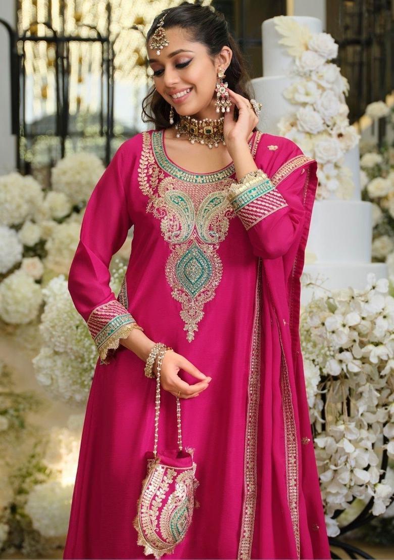 Magenta Embroidered Chinon Kurta Sets - Indya