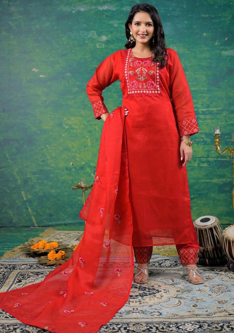 Red Embroidered Cotton Kurta Sets - Indya