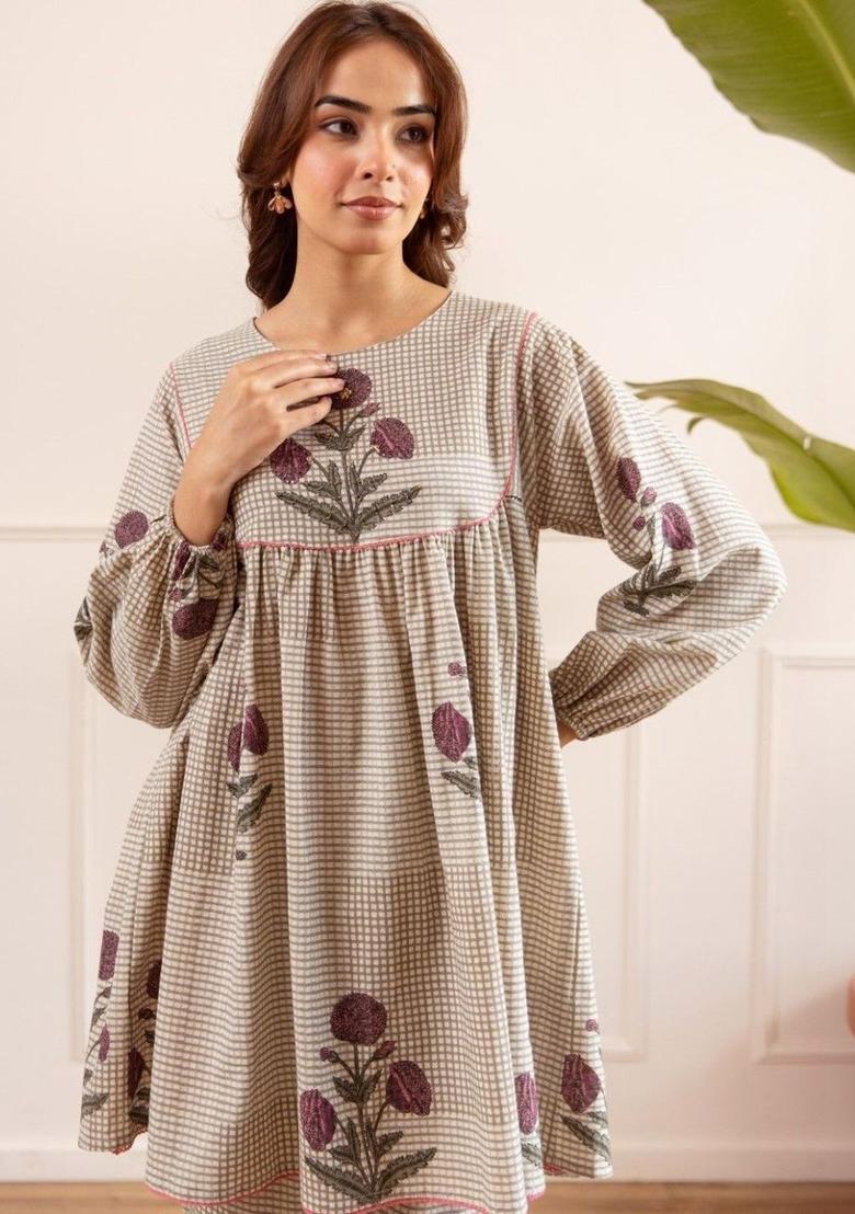 Cream Printed Cotton Kurta Sets - Indya