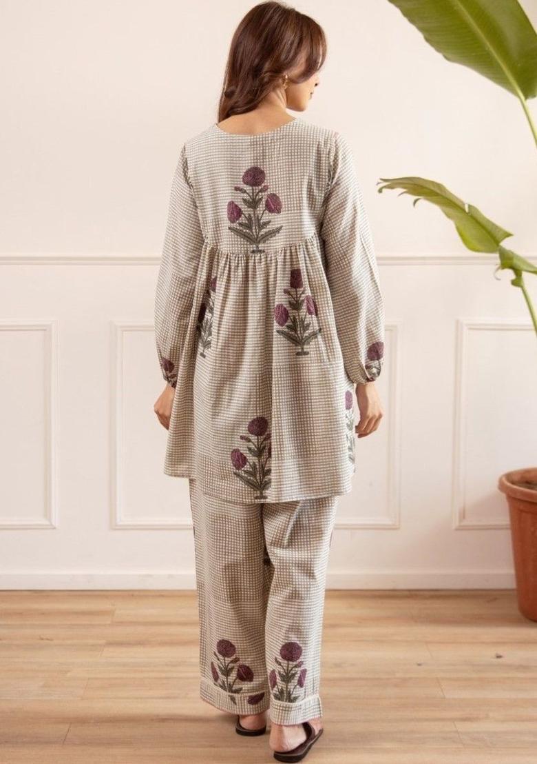 Cream Printed Cotton Kurta Sets - Indya