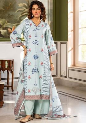 Turquoise Blue Printed Cotton Kurta Sets