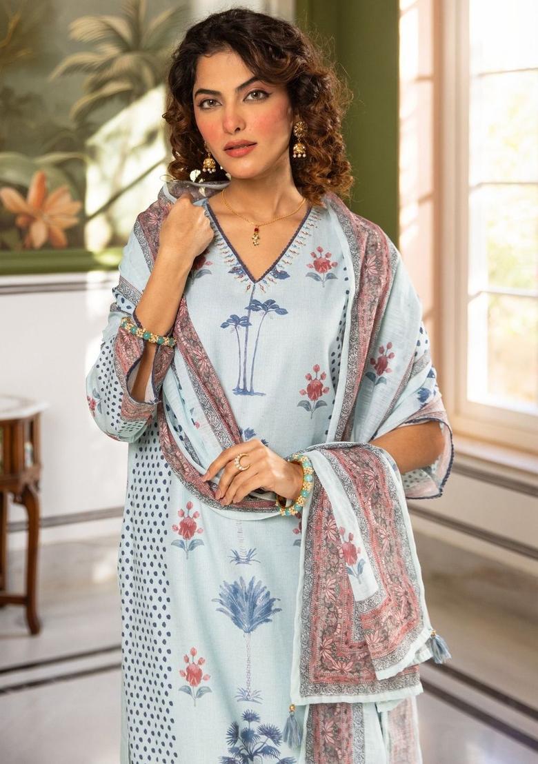 Turquoise Blue Printed Cotton Kurta Sets - Indya