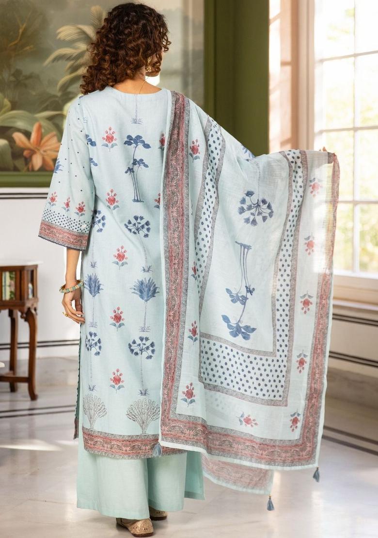 Turquoise Blue Printed Cotton Kurta Sets - Indya