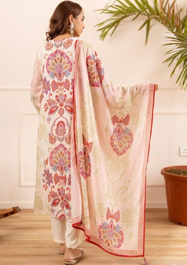 Off White Printed Cotton Kurta Sets - Indya