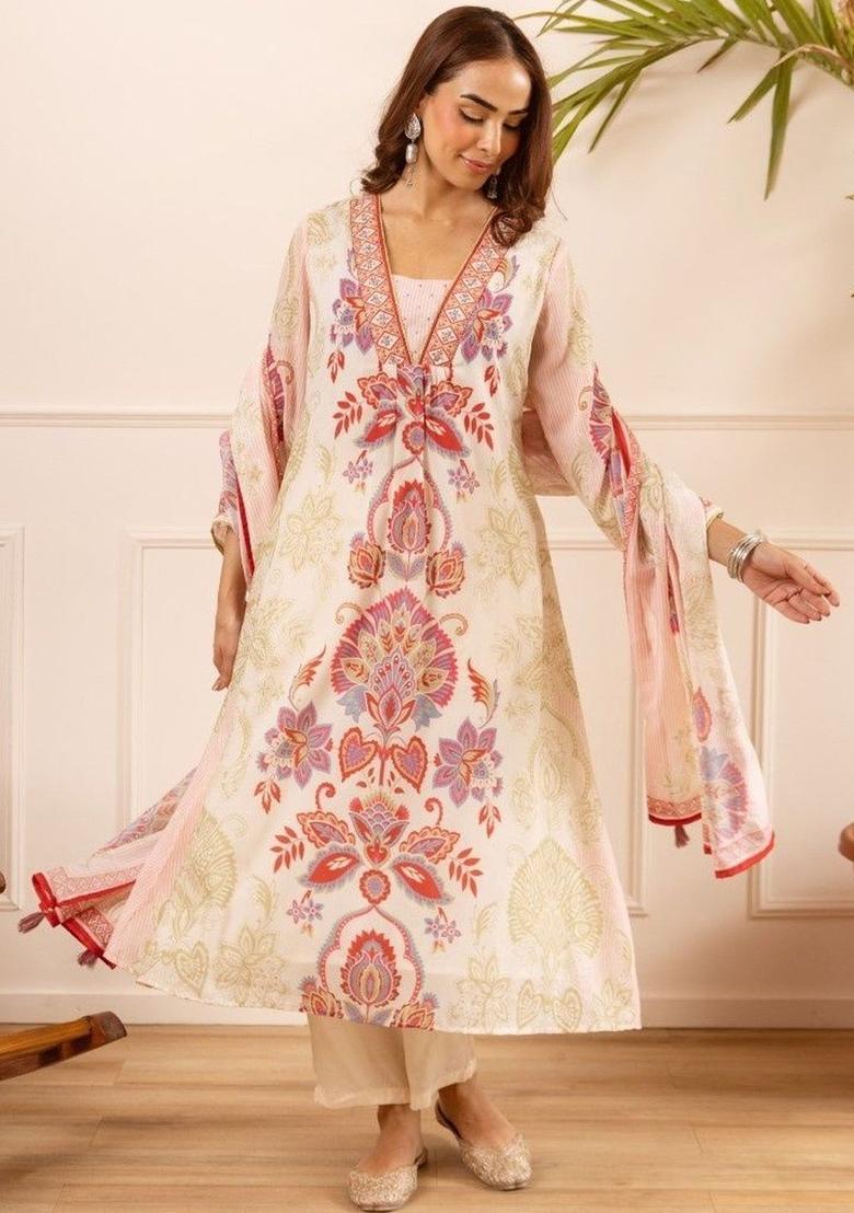 Off White Printed Cotton Kurta Sets - Indya