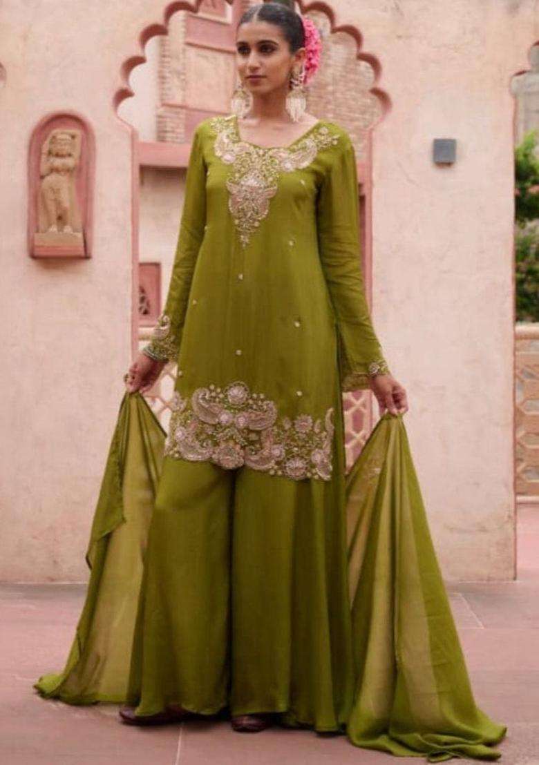 Olive Embroidered Chinon Kurta Sets - Indya