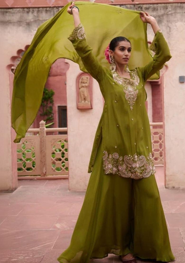 Olive Embroidered Chinon Kurta Sets - Indya