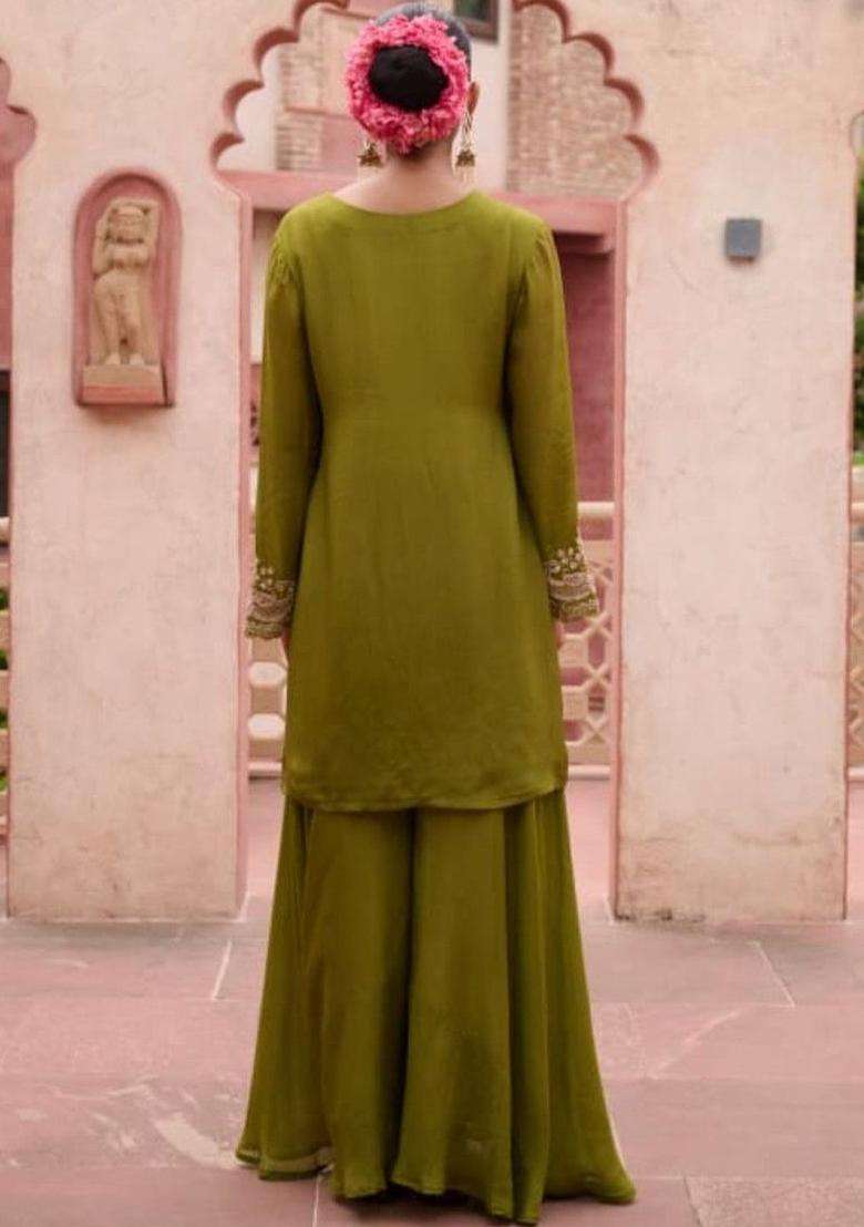Olive Embroidered Chinon Kurta Sets - Indya