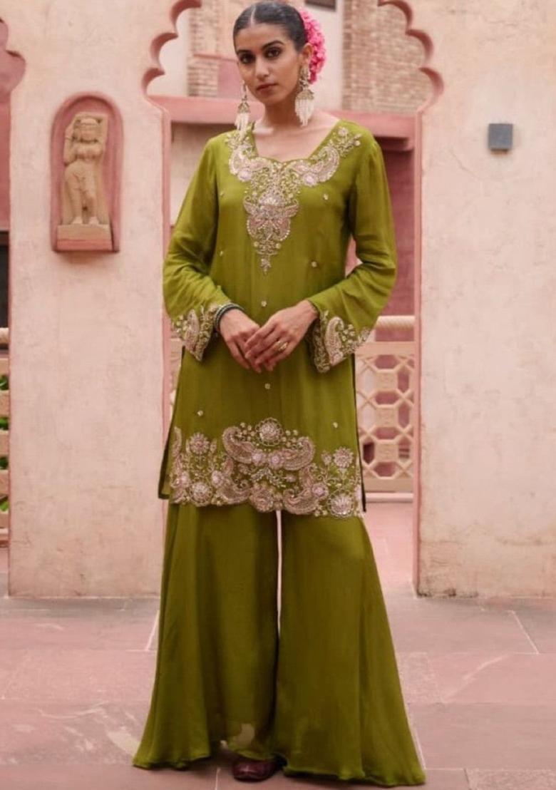 Olive Embroidered Chinon Kurta Sets - Indya