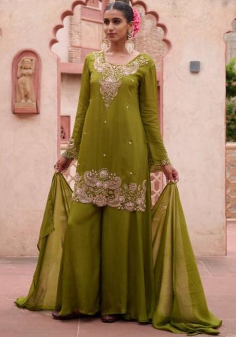 Olive Embroidered Chinon Kurta Sets