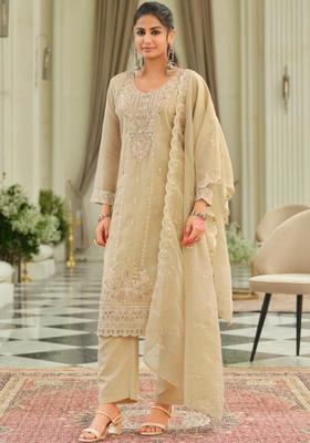 Beige Embroidered Organza Kurta Sets