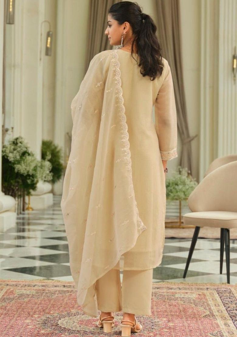 Beige Embroidered Organza Kurta Sets - Indya