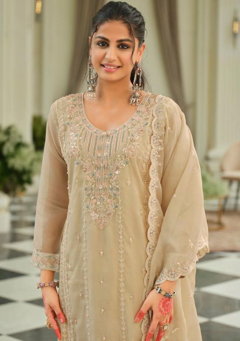 Beige Embroidered Organza Kurta Sets - Indya