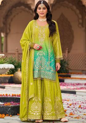 Lime Green Embroidered Viscose Kurta Sets