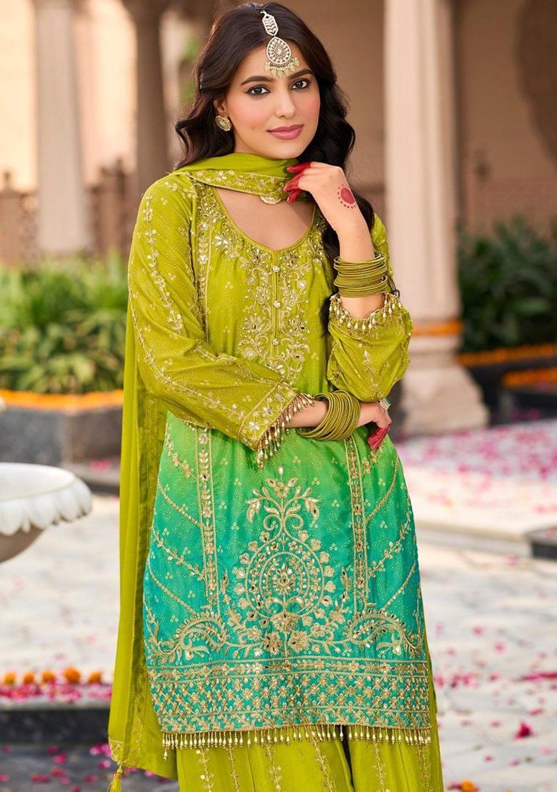 Lime Green Embroidered Viscose Kurta Sets - Indya