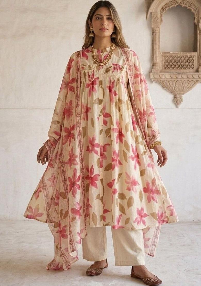 Cream Printed Cotton Anarkli Sets - Indya