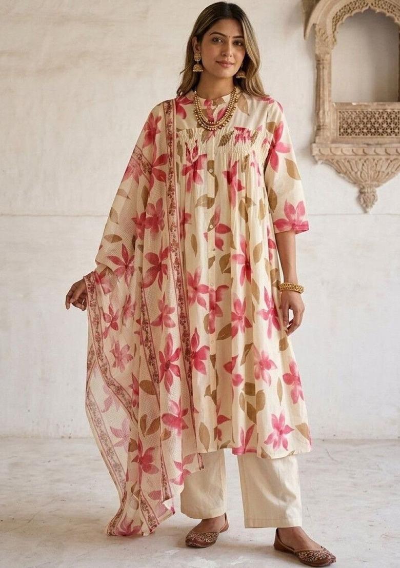 Cream Printed Cotton Anarkli Sets - Indya