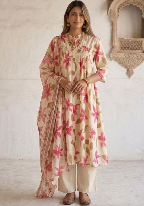 Cream Printed Cotton Anarkli Sets