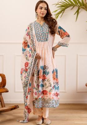Peach Printed Cotton Kurta Sets