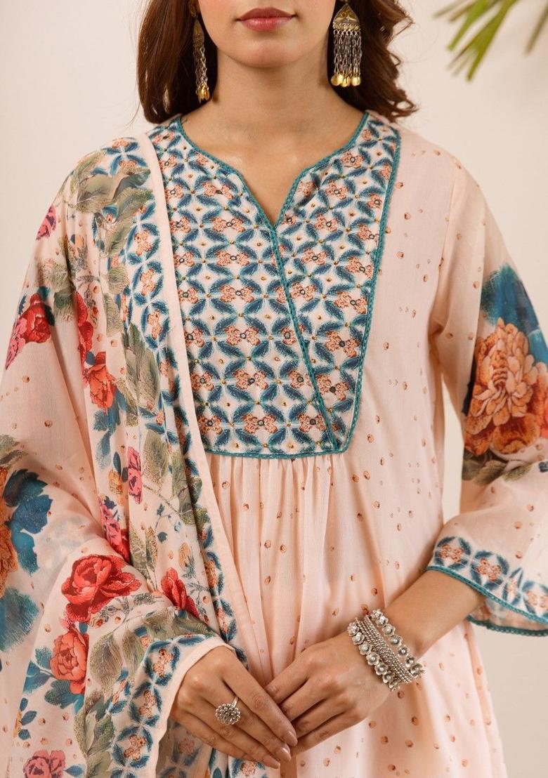 Peach Printed Cotton Kurta Sets - Indya