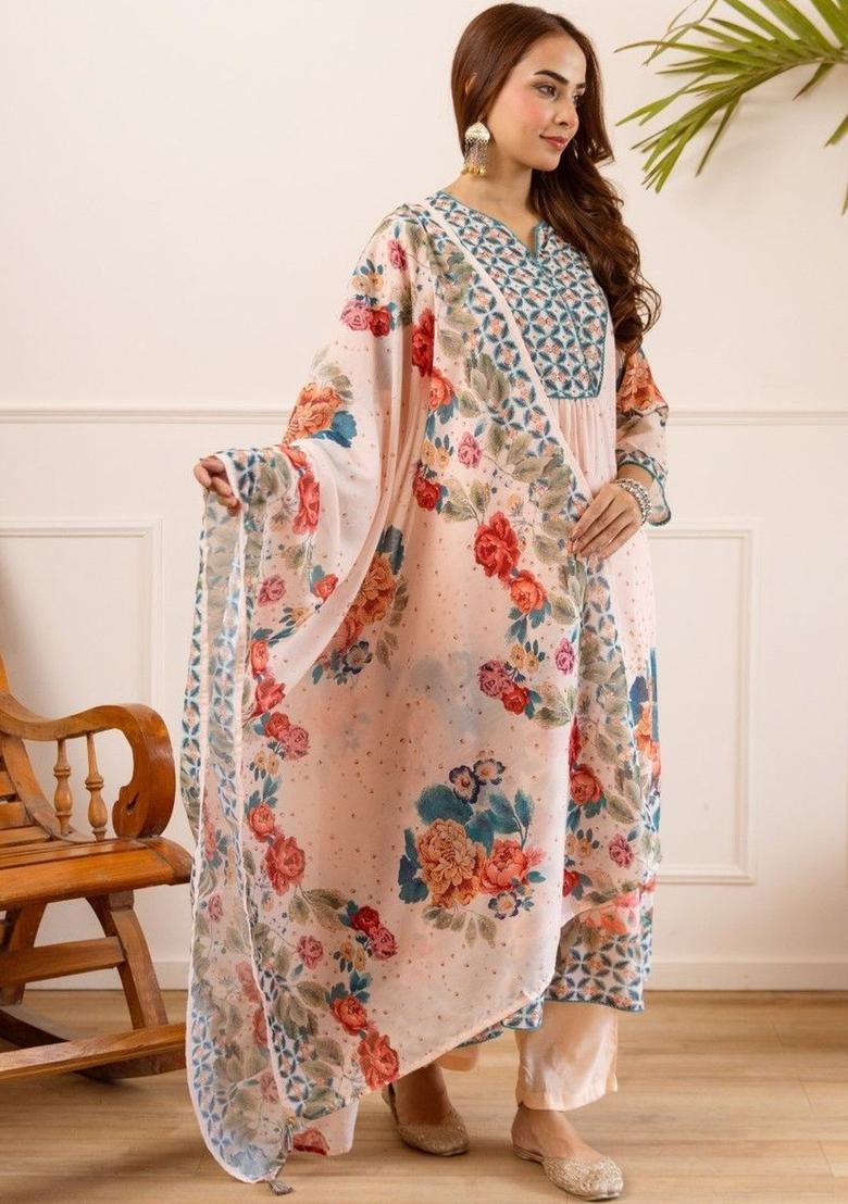 Peach Printed Cotton Kurta Sets - Indya